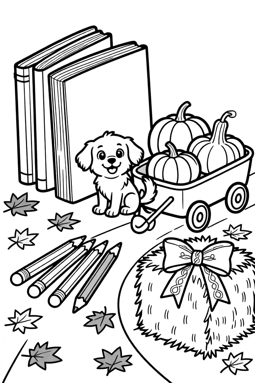 A stack of fresh notebooks and colorful pencils along a path covered in fallen red and orange leaves, alongside a fluffy puppy and a wagon full of gourds, with a hay bale decorated with a bow close by.