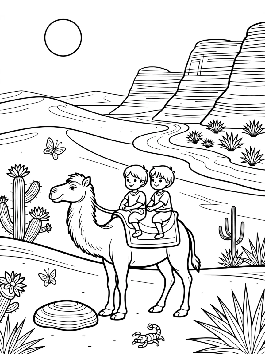 [Desert Dunes] A friendly camel carries two children across a sea of rolling sand dunes at sunset. A scorpion scuttles beneath a flat stone as butterflies drift over blooming cacti. Layered red rock formations rise beside a dry riverbed dotted with hardy desert plants. Bright midday sun beats down on the dunes beneath a nearly cloudless sky.