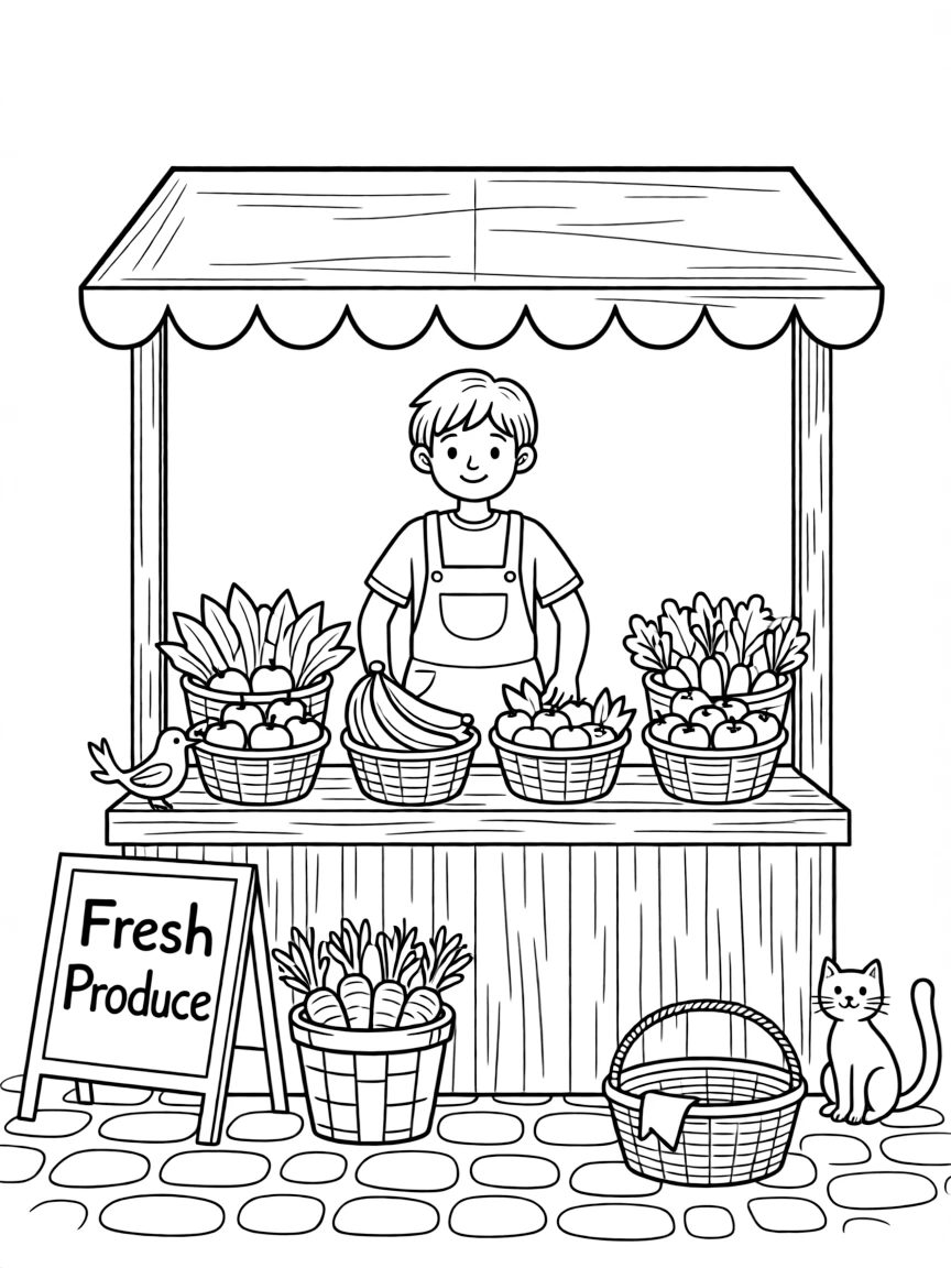 A farmer's market vendor arranges baskets of colorful fruits and vegetables at a stall.