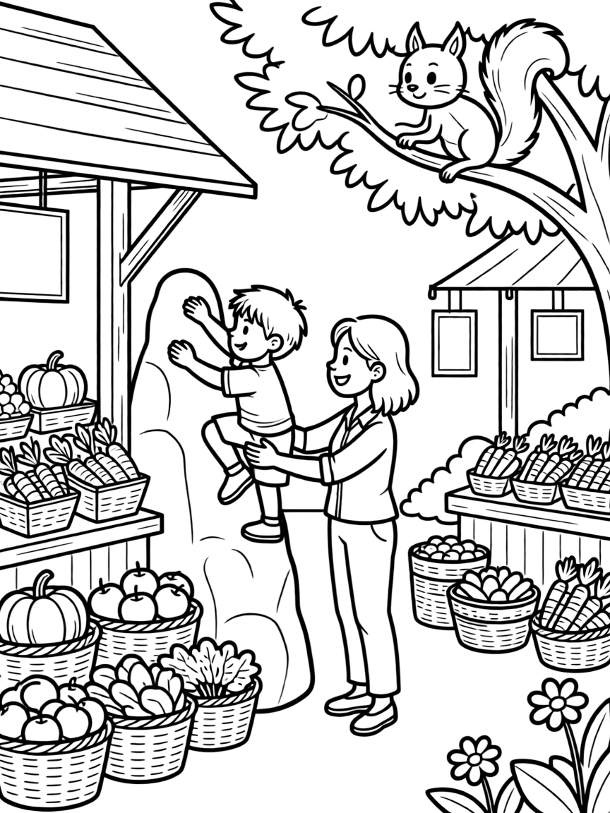 A little brother climbing a small rock wall with a single mom at a farmers market stall while a squirrel peeks from a branch.