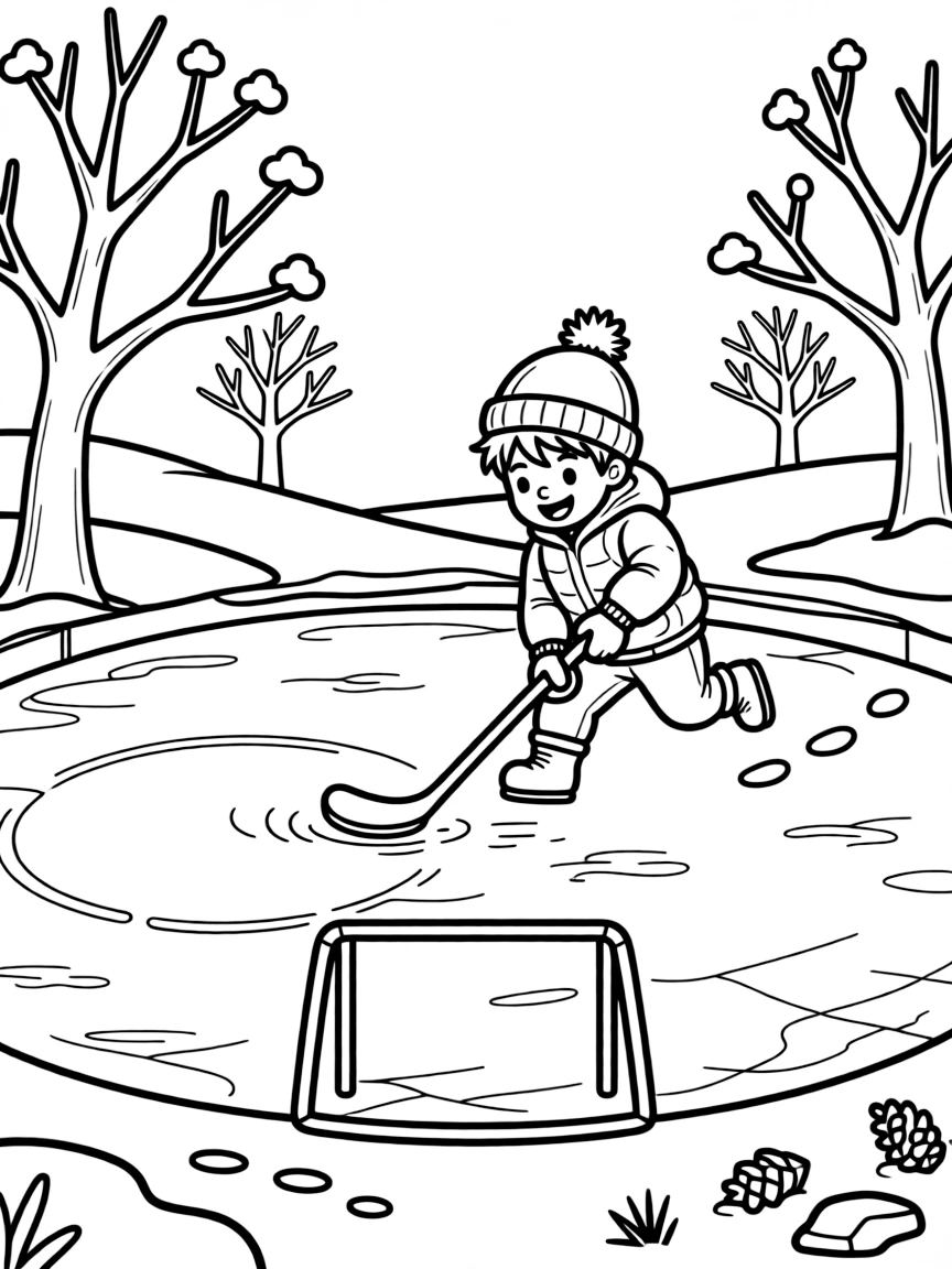 A cheerful young boy, slapping a puck across a frozen pond toward two sticks marking a goal.