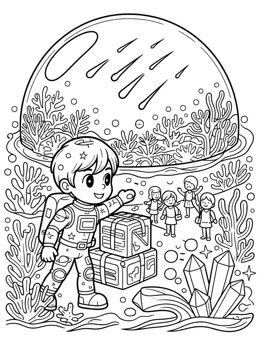 Space Ranger Blaze, a young space explorer in a starry spacesuit helping villagers evacuate before a gentle meteor shower light show in an underwater dome city surrounded by coral reefs, as a stack of colorful supply crates and a cluster of floating crystals humming softly fill the scene.