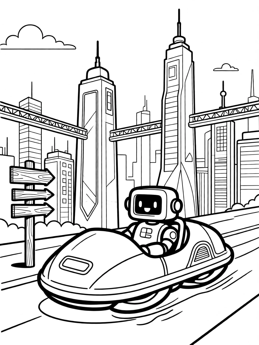 A magnetic hover-sled zipping across a crystal city is shown journeying through a gleaming futuristic city skyline with towers and skywalks, with a smiling robot passenger with a screen for a face close by and an old wooden signpost pointing to faraway towns completing the lively scene.