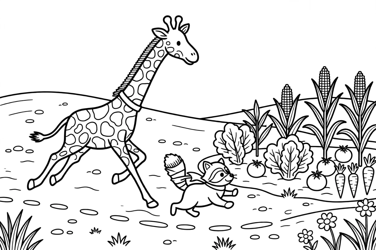 A giraffe racing playfully alongside a raccoon at the edge of a sandy desert, near a vegetable garden, with a trail of tiny footprints in the mud.