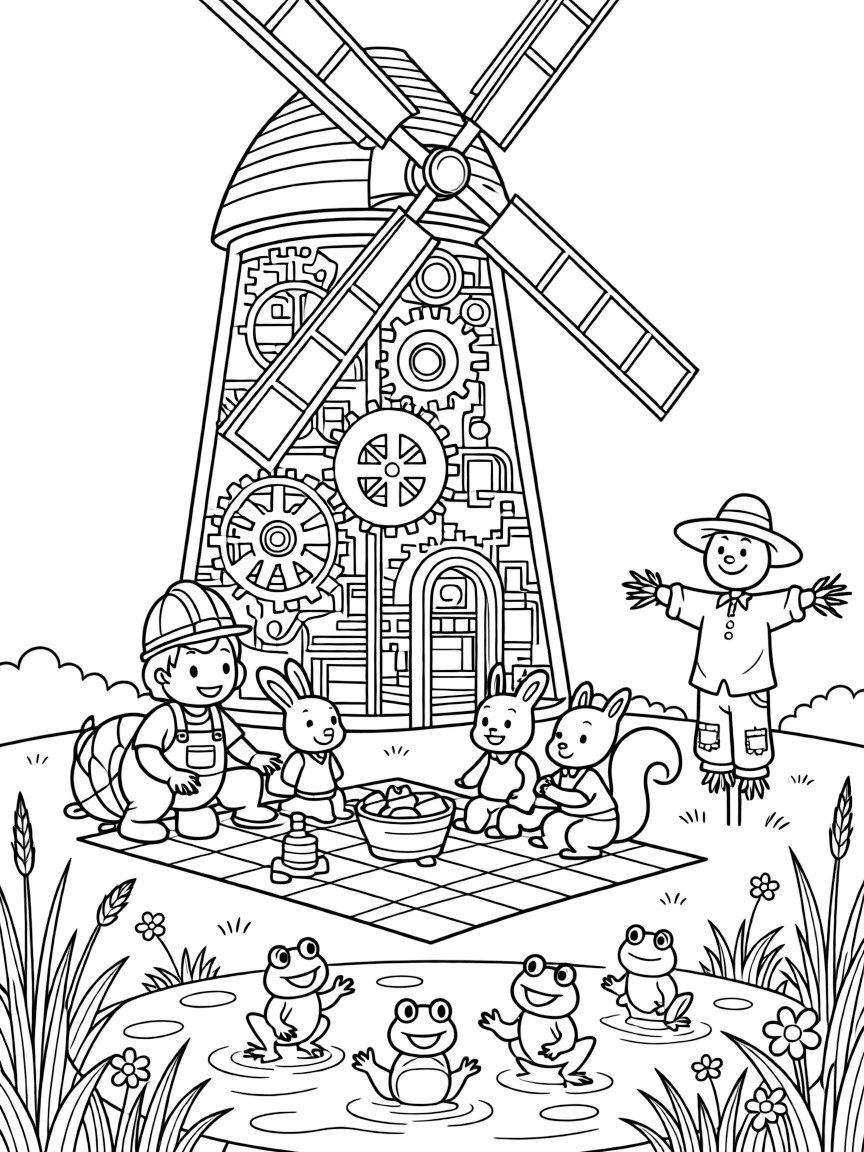 A starry-eyed ant construction crew captain is hosting a picnic with a family of curious critters inside a windmill full of spinning gears and gadgets, joined by a puddle full of jumping frogs and a cheerful scarecrow waving from the field. Warm smiles and happy cheers fill the scene.