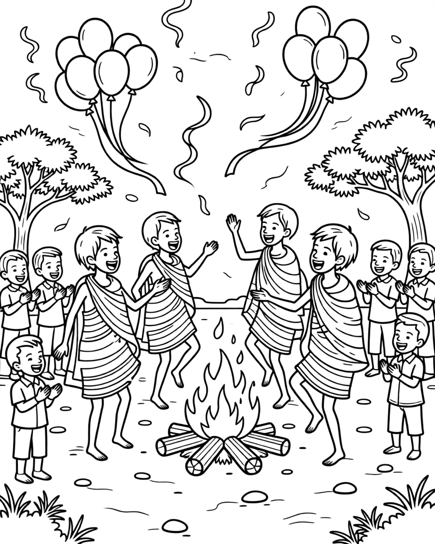A coloring page bursting with festival energy from Tanzania, depicting a Maasai celebration with warriors singing and jumping around a fire, with balloons, streamers, and happy onlookers filling the scene.