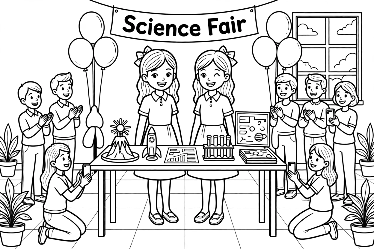 proud twin sisters present a science fair project to a crowd of proud parents.