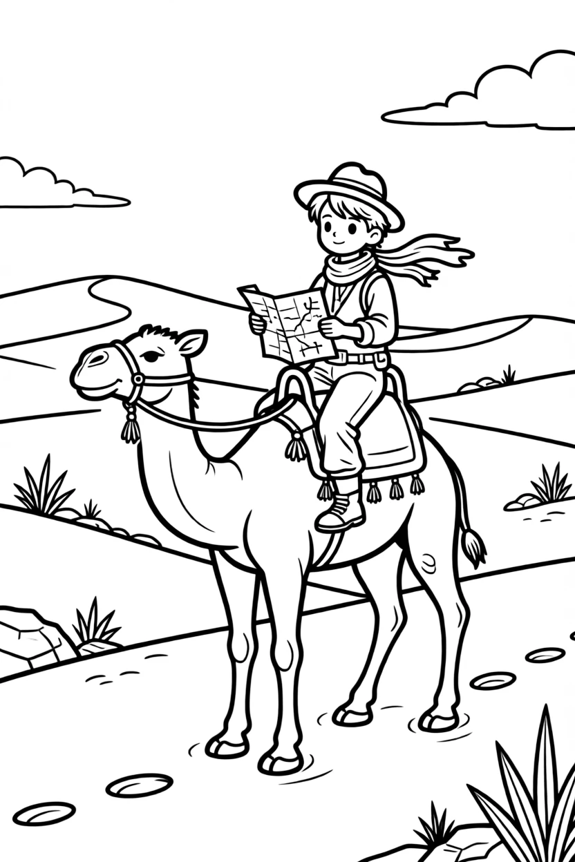 [Explorers] a desert explorer riding a camel crossing rolling sand dunes across a vast desert. In the background, a map is tucked under one arm, adding extra fun to explore. Footprints trail across the rugged terrain. It all happens on a crisp autumn afternoon, under clear blue skies.