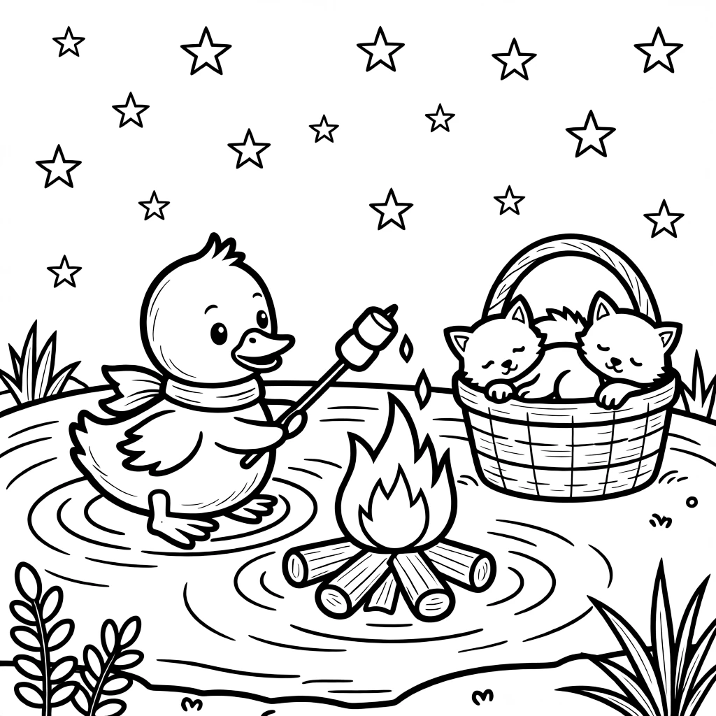 A paddling duckling is roasting marshmallows over a crackling campfire in a glowing mermaid lagoon. In the background, sparkling stars scattered across the sky and a basket of sleepy kittens curled together give the moment a cozy feel.