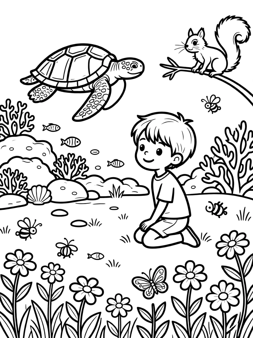 A curious little boy admiring a sea turtle gliding past a coral reef in a wildflower meadow buzzing with gentle life, near a squirrel scampering along a branch and a butterfly resting on a wildflower.