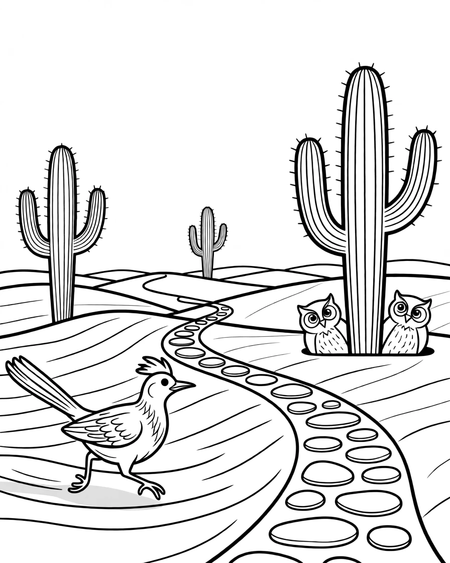 [Desert Dunes] A roadrunner dashes across the sand past a cluster of tall saguaro cacti. A pair of desert owls peek out from a hole in a tall saguaro cactus. Tall saguaro cacti stand like sentries near a winding path of smooth, sun-baked stones. Warm golden light stretches long shadows across the rippling sand at sunrise.