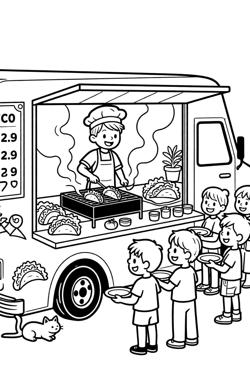 A food truck cook grills sizzling tacos through a busy service window.