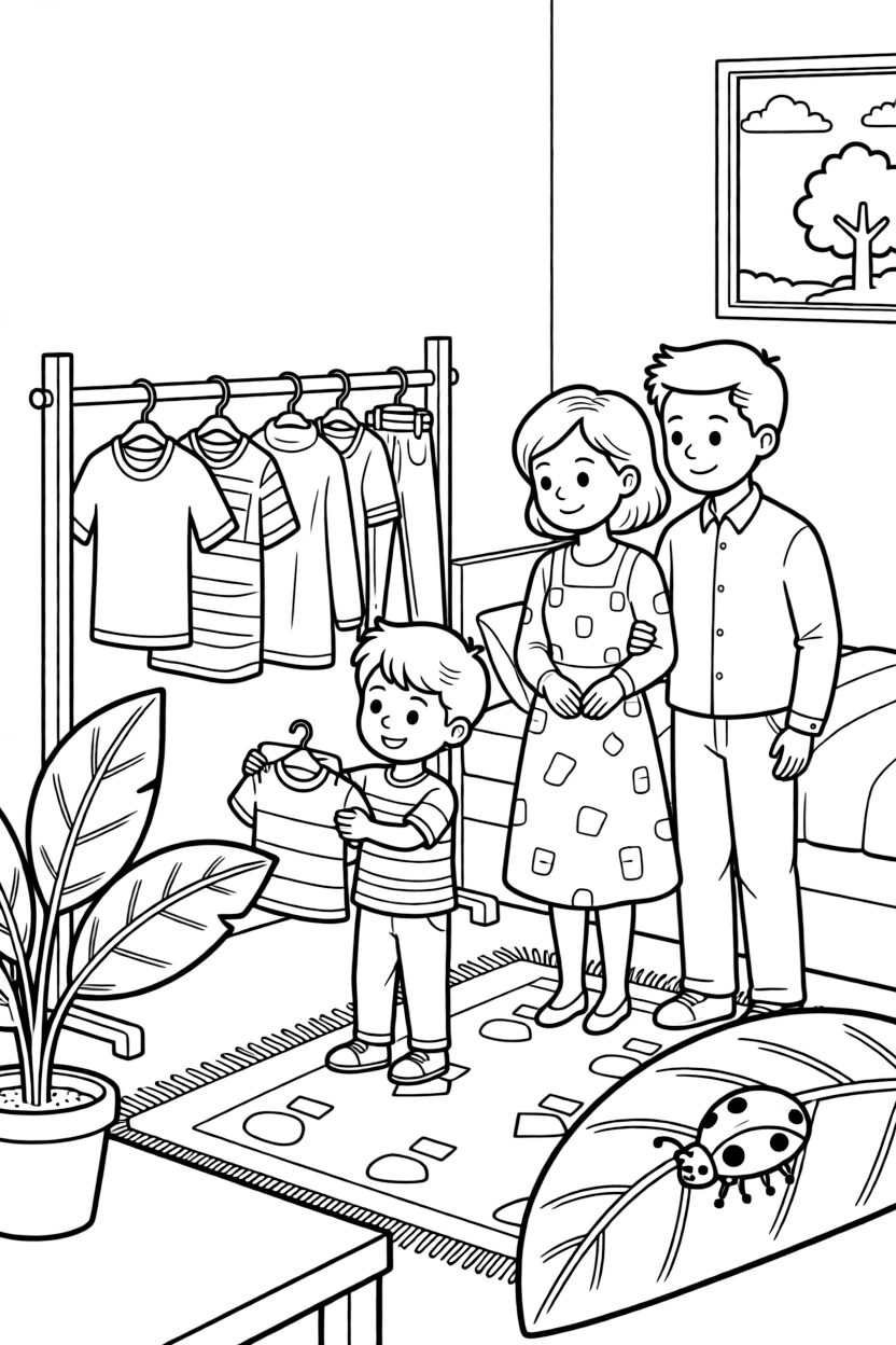 A little boy picking out clothes for the day with a mom and dad as a ladybug crawls on a leaf.