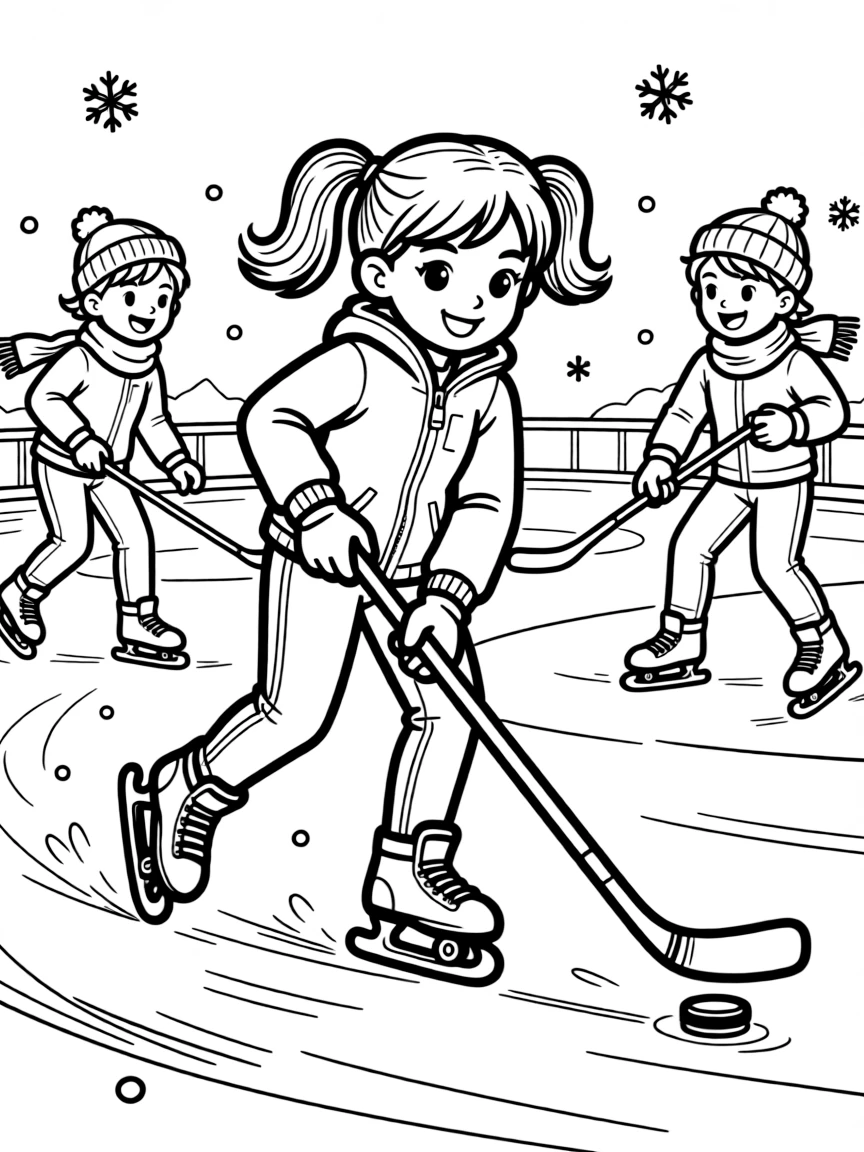 A determined girl with pigtails, skating fast down the ice, stick handling the puck between friends.
