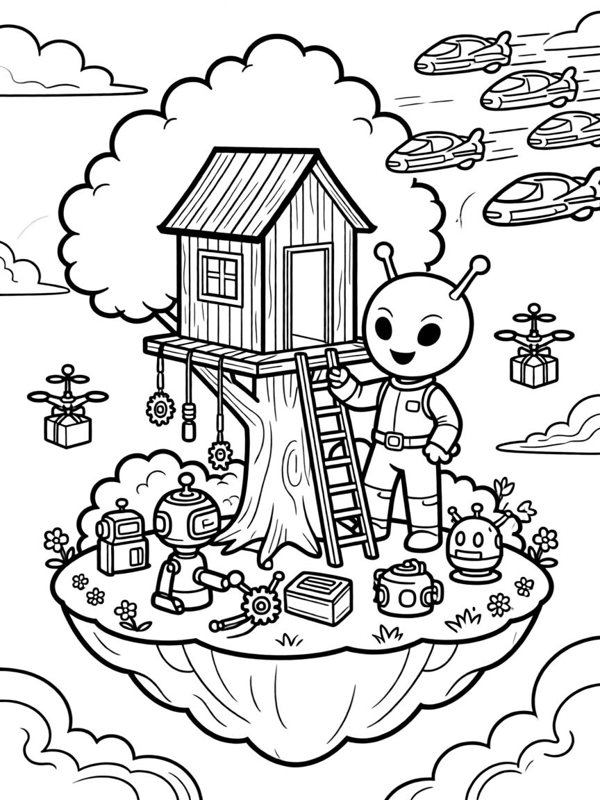 Marlo, a friendly alien with glowing antennae constructing a treehouse on top of a floating island in a robot workshop cluttered with gears, wires, and half-built inventions, as tiny drones buzzing around delivering packages and a fleet of hover-scooters zipping past in the background fill the scene.