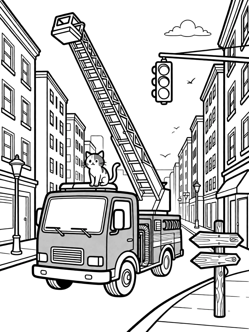 A bright red fire truck extending its tall ladder is shown journeying through a bustling city street lined with tall buildings and traffic lights, with a curious cat perched on the hood close by and an old wooden signpost pointing to faraway towns completing the lively scene.