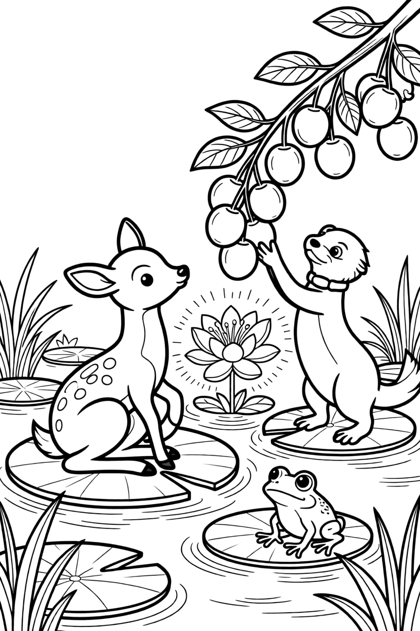 A deer fawn on a lily pad in a quiet pond, harvesting ripe fruit alongside a otter, next to a magical glowing flower, while a curious frog watches from a lily pad.
