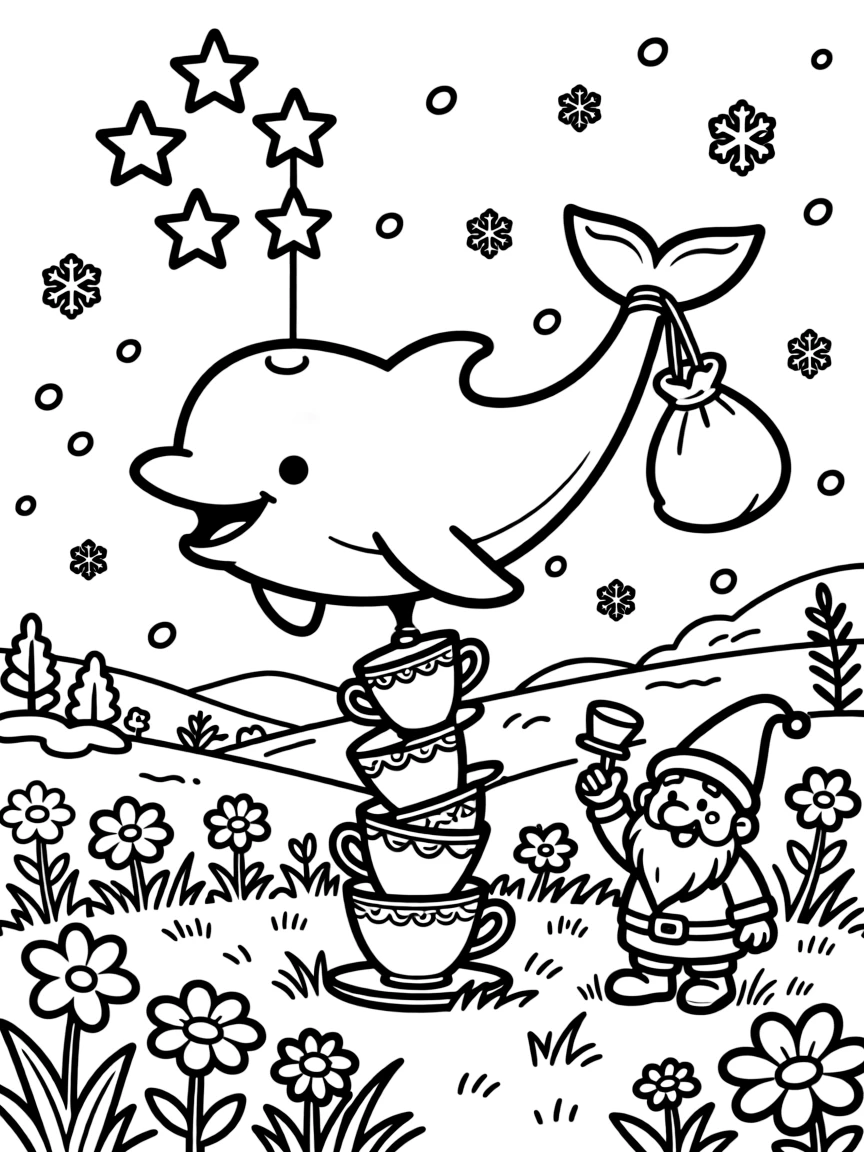 A goofy dolphin acrobat is juggling glowing stars pulled from a sack in a meadow during the first snowfall of winter, joined by a wobbly tower of stacked teacups and a garden gnome tipping his pointy hat. Giggles echo happily through the whole valley.