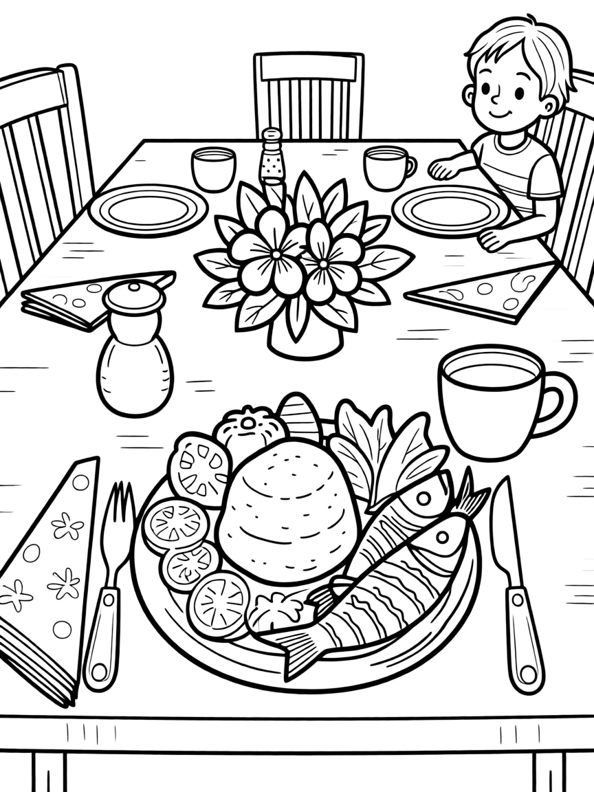 A coloring page of a cozy mealtime scene from Tanzania featuring a plate of ugali with grilled tilapia and vegetables, arranged on a table with napkins, cups, and a cheerful centerpiece.