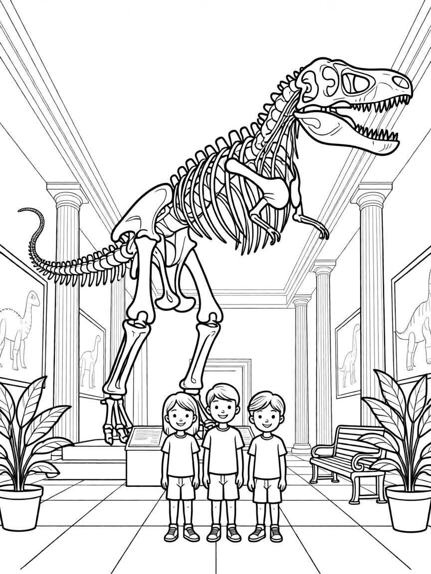 a gentle group of three kids stands beneath a towering dinosaur skeleton in a grand museum hall.