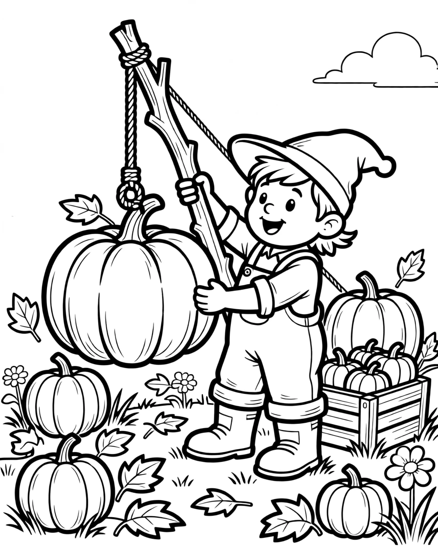 A gnome farmer harvests giant pumpkins using a small crane built from branches and rope pulleys.