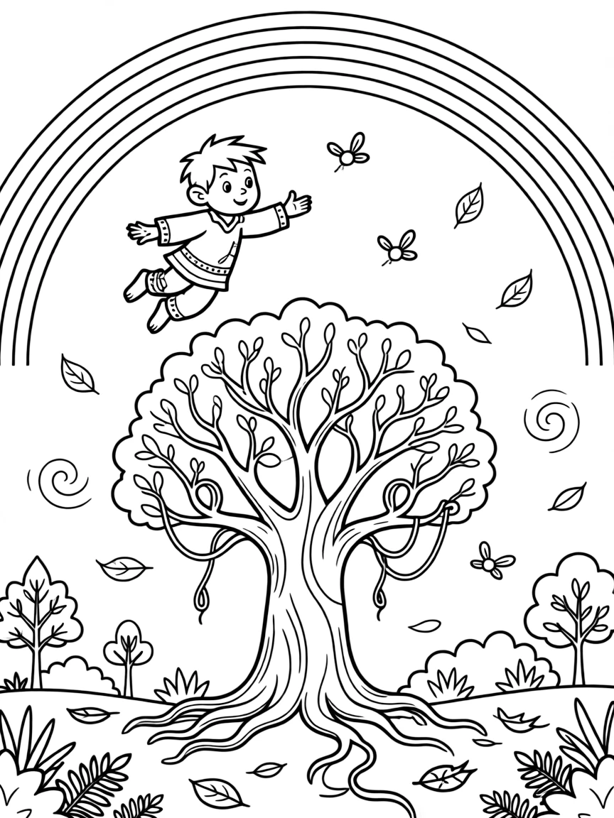 [Fantasy Creatures] a friendly forest troll soaring above a magical forest near an ancient magical tree. In the background, glowing fireflies drift through the air, adding extra fun to explore. Twisting vines and roots add texture. It all happens on a crisp autumn afternoon, with a rainbow arching overhead.
