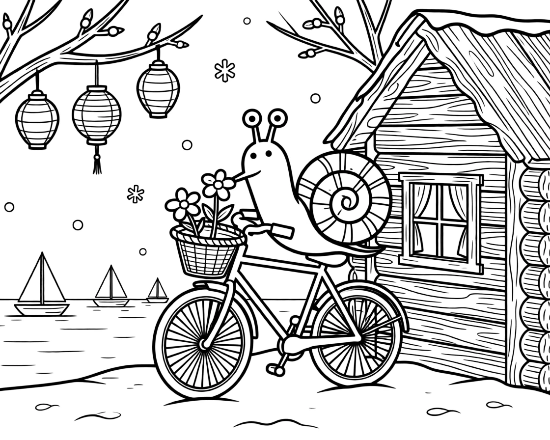 A snail with a spiral shell is decorating a bicycle basket with flowers inside a cozy log cabin during a gentle snowstorm. Nearby, little sailboats bobbing on the horizon and paper lanterns hanging from low branches bring the scene to life.