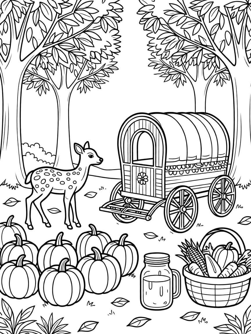 A spotted fawn admiring a hayride wagon passing rows of pumpkins in a forest clearing where the trees are turning gold, near a mason jar of cider and a cornucopia spilling over with vegetables.