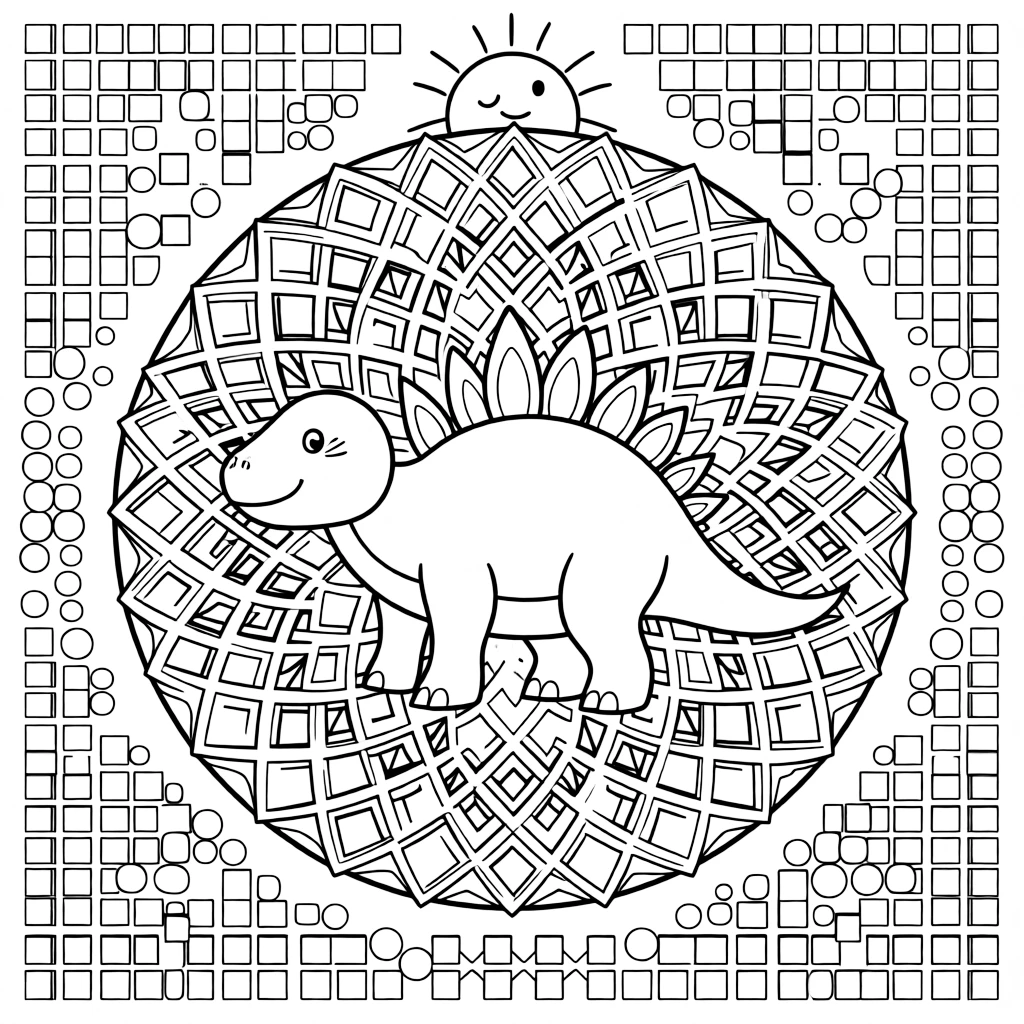 Dinosaurs & Prehistoric: The main subject is a stegosaurus with a row of back plates, drawn as the focal point of a diamond lattice mandala crossing over itself in a grid. It is placed dead center, with the surrounding rings mirrored perfectly across every direction. Decorative details fill the surrounding space, including rows of small square tiles, a grid of lattice diamonds, and clusters of round bubbles woven throughout the background. A playful extra touch completes the page: a friendly round sun peeking in from behind the top edge.