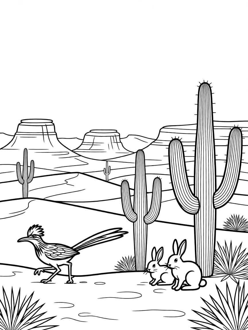 [Desert Dunes] A roadrunner dashes across the sand past a cluster of tall saguaro cacti. A family of jackrabbits rests in the shade of a cluster of tall cacti. Rolling sand dunes stretch toward distant rocky mesas beneath a wide open sky. The sky glows orange and pink as the sun sets behind the rolling dunes.