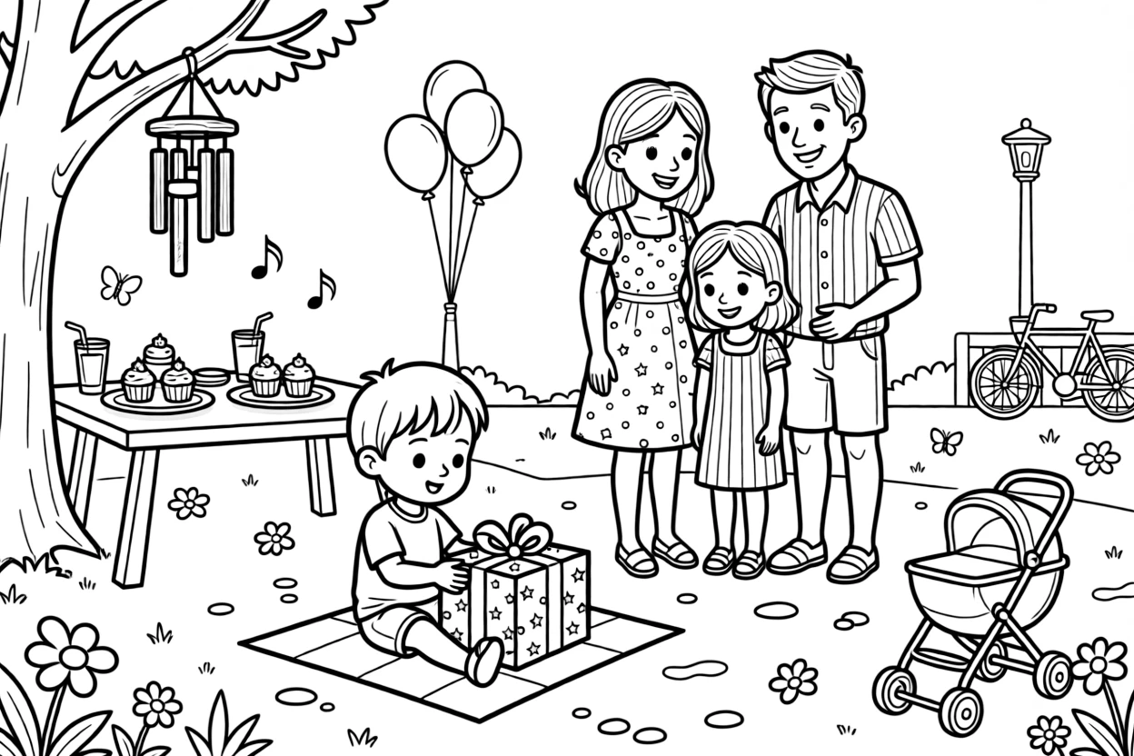 A shy toddler opening a wrapped present during a summer block party with a foster family as a wind chime tinkles softly.