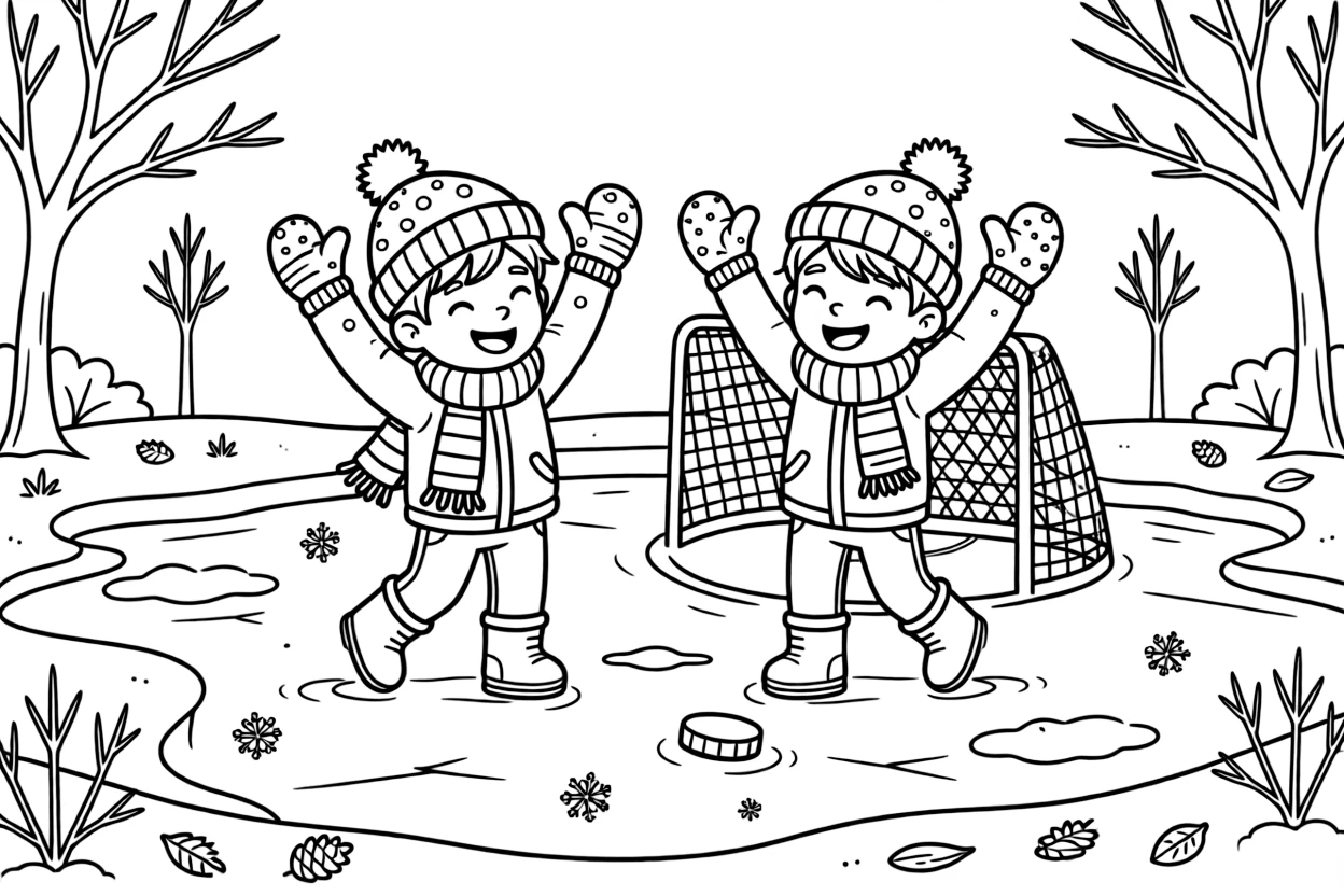 A pair of best friends, bundled in mittens and scarves, cheering after scoring a goal on the pond.