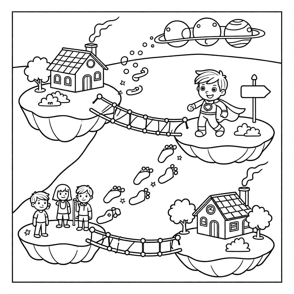 Ranger Echo, a small but mighty magnetic superhero kid helping villagers evacuate before a gentle meteor shower light show, in a floating island chain connected by glowing rope bridges, with a trail of glowing footprints leading into the distance and a floating signpost pointing to distant planets nearby.