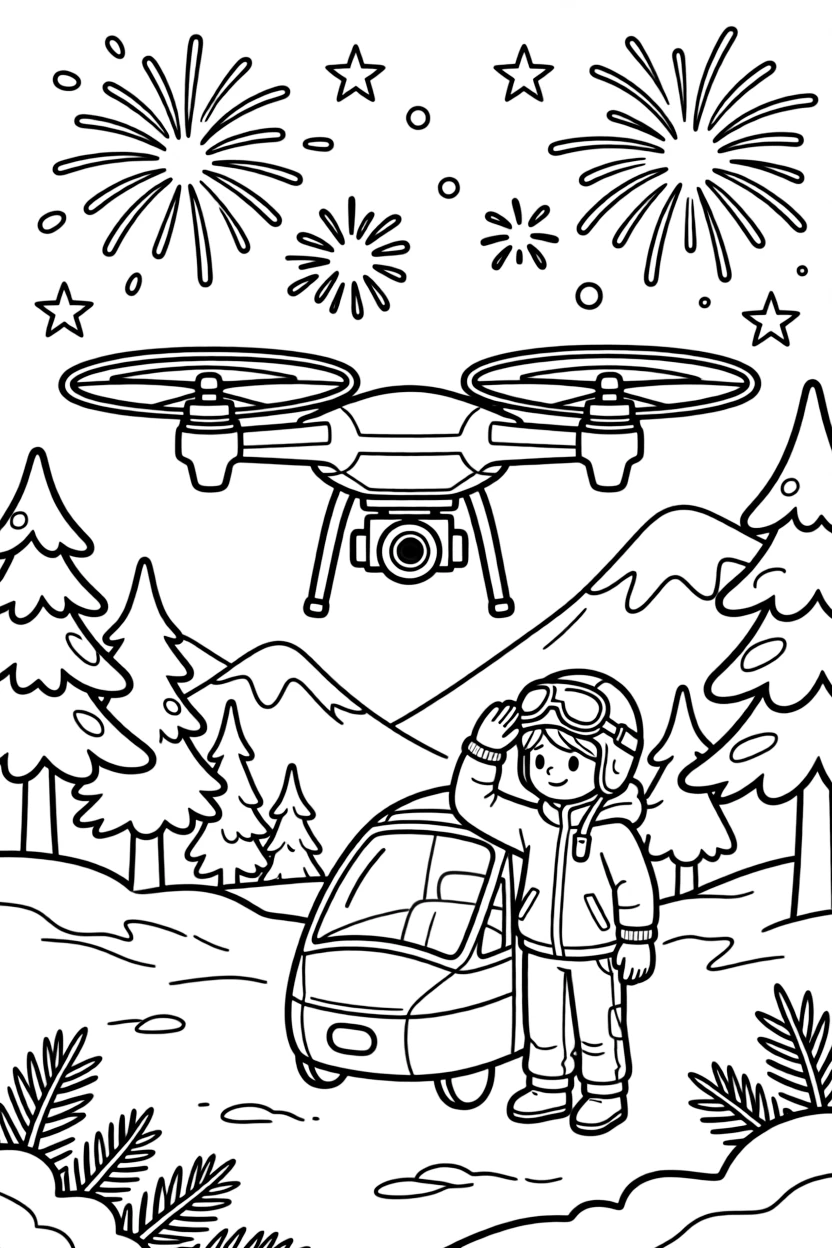 A buzzing camera drone hovering over a park takes center stage in a snowy mountain pass with pine trees dusted in white, where a brave pilot giving a salute from the cockpit can be seen nearby, surrounded by fireworks bursting in the sky in the background.