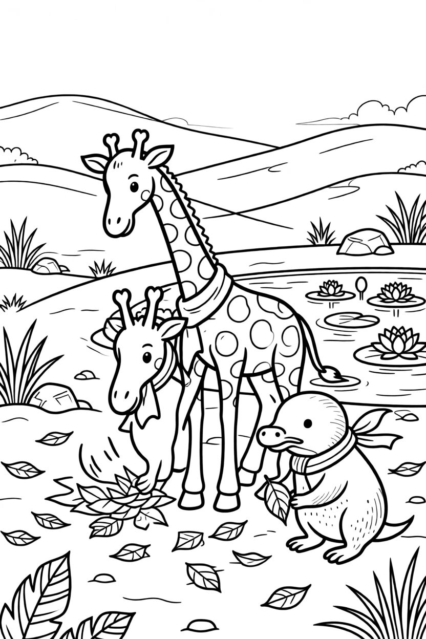 A giraffe helping gather fallen leaves with a platypus at the edge of a sandy desert, near a water lily pond, while morning fog rolls over the hills.