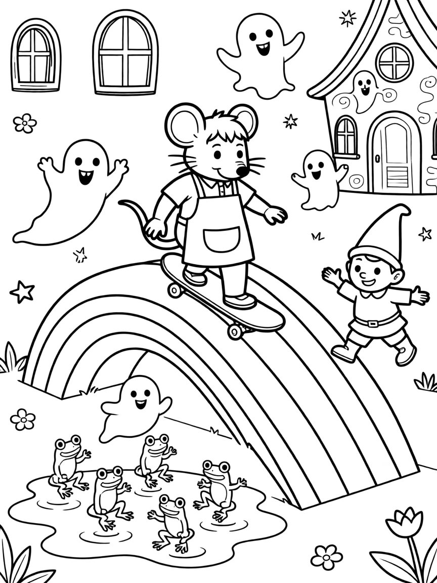 A sturdy mouse tailor is learning to skateboard down a rainbow ramp in a friendly haunted mansion full of giggling ghosts, joined by a garden gnome tipping his pointy hat and a puddle full of jumping frogs. It's shaping up to be the happiest day in the whole kingdom.