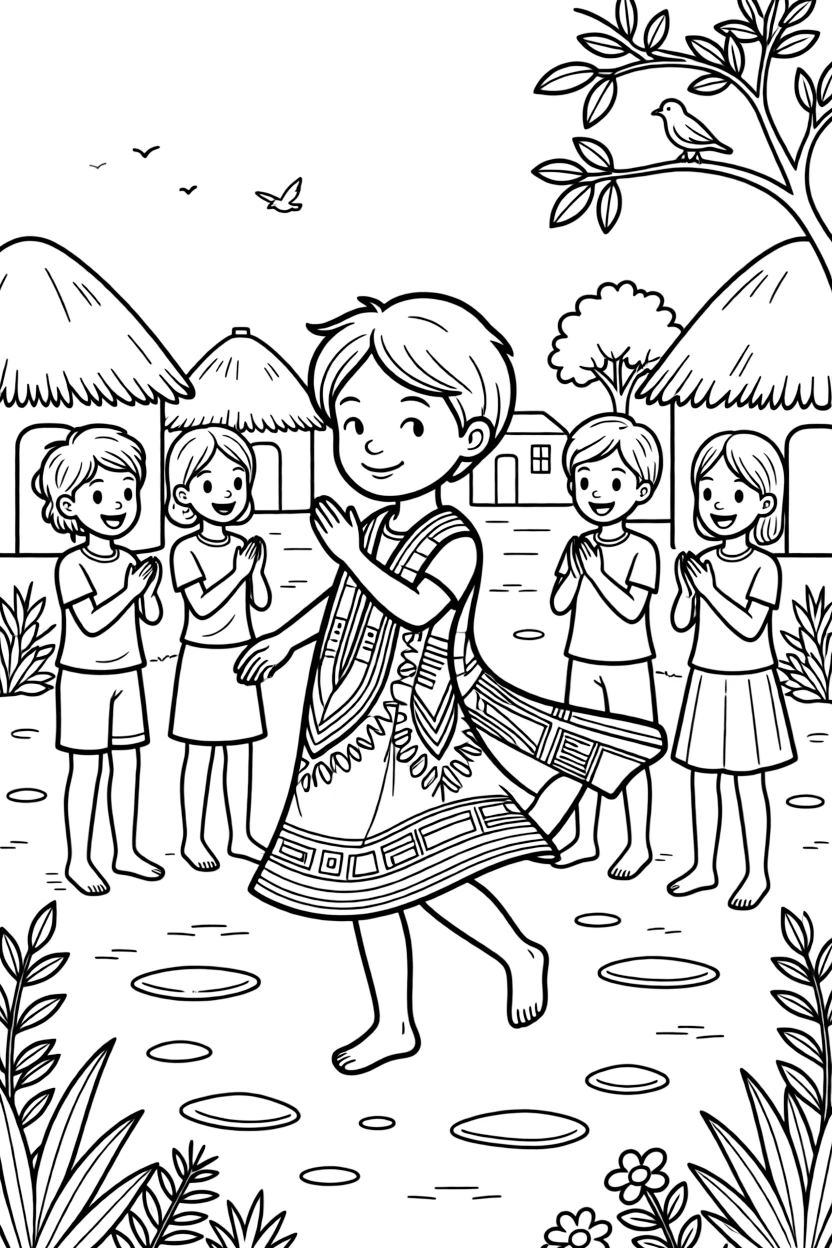 A coloring page from Tanzania showing a child wearing a bright kanga cloth wrap with a printed pattern, twirling happily in a village square while friends look on and clap.