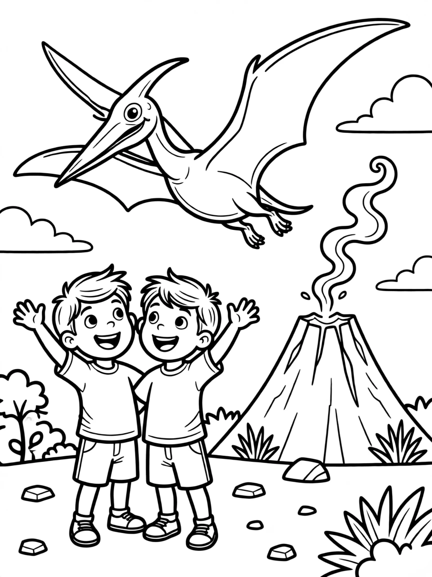 excited twin brothers watch a pterodactyl soar overhead near a smoking volcano.