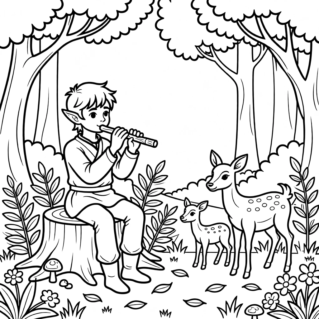 A young elf musician plays a flute carved from a hollow reed, calling forth a shy family of deer from the underbrush.