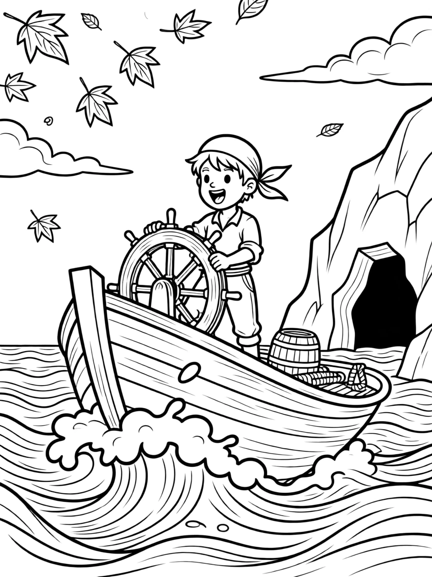 [Pirates] a young pirate cabin boy steering a ship through stormy waves near a rocky sea cave, letting out a triumphant roar, while waves crash against the ship's hull fills the surrounding area. Coiled ropes and barrels sit on the deck. Set on a crisp autumn afternoon, with autumn leaves swirling in the wind, the page bursts with adventure and imagination.