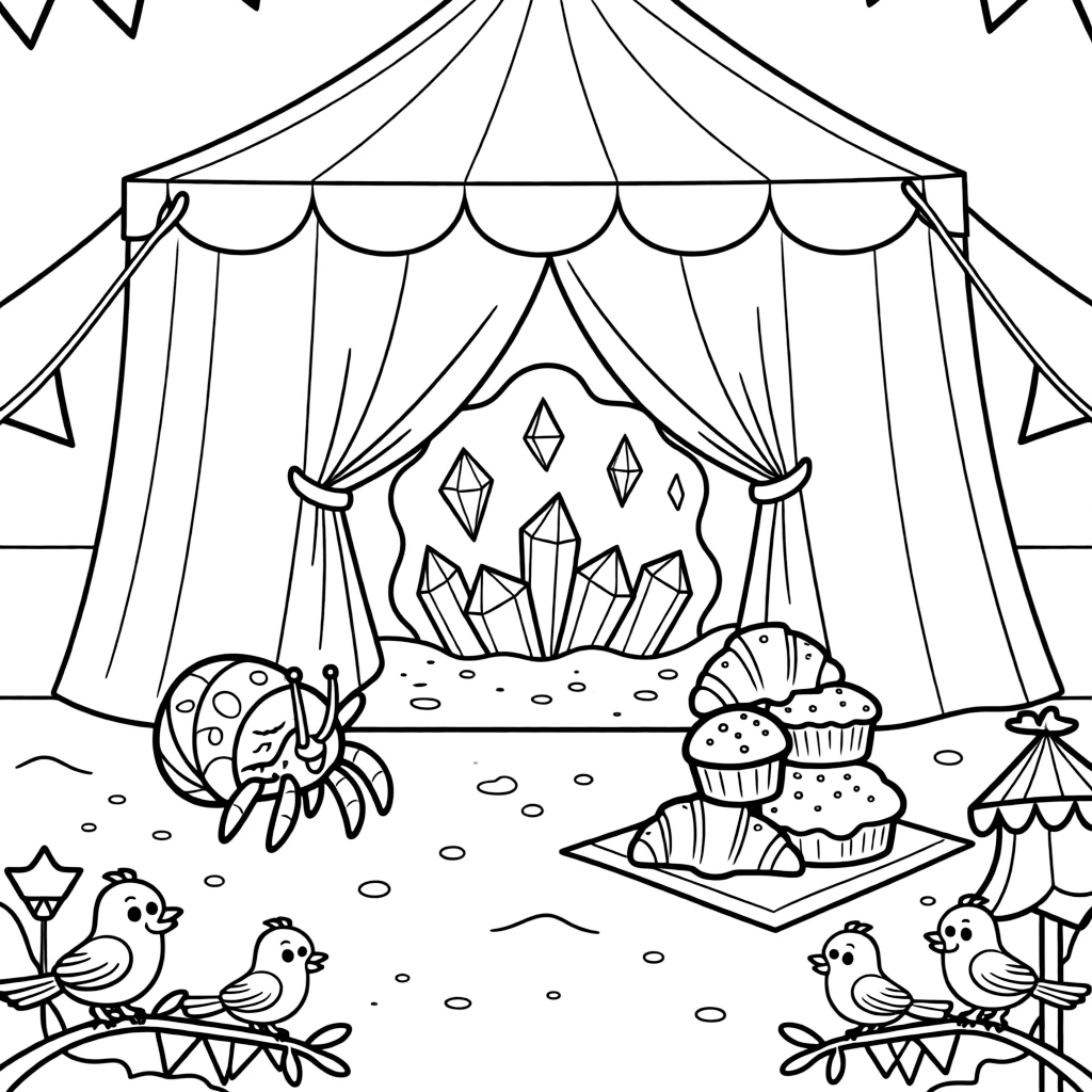 A hermit crab exploring the sand is exploring a cave glittering with crystals inside a circus tent during a cheerful show. Scattered nearby, a stack of freshly baked pastries and friendly songbirds perched close by add to the delightful moment.
