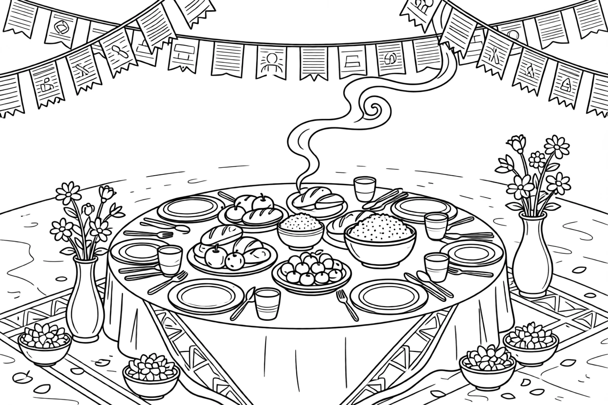 A close-up of a table set for a joyful evening feast in a temple courtyard filled with flowers and incense smoke, surrounded by strings of fluttering prayer flags and a bowl of fresh flower petals.