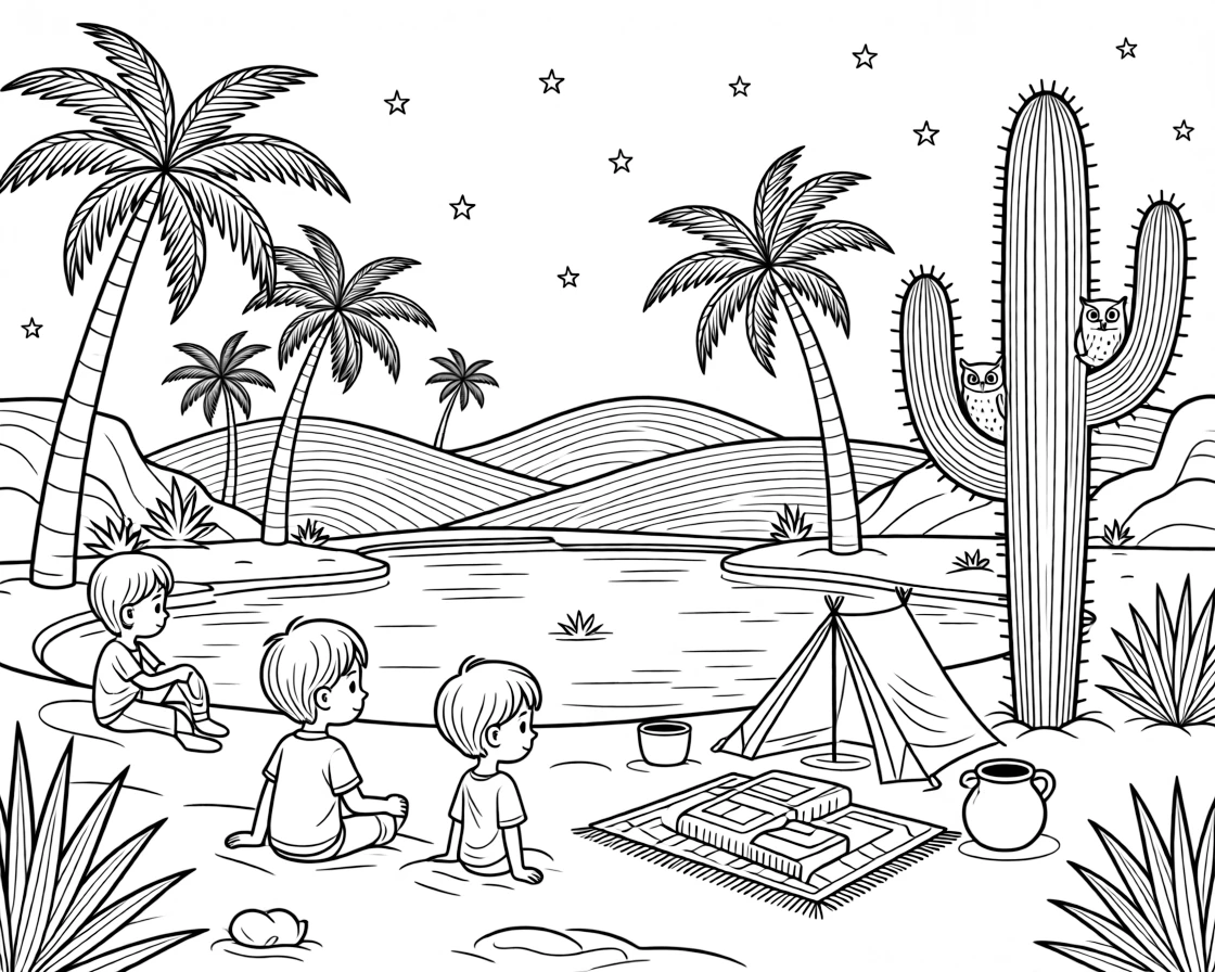 [Desert Dunes] A group of children explore a hidden desert oasis surrounded by palm trees. A pair of desert owls peek out from a hole in a tall saguaro cactus. A cluster of colorful woven blankets and clay pots sits near a small desert campsite. Stars begin to appear over the desert as the sand cools in the evening air.