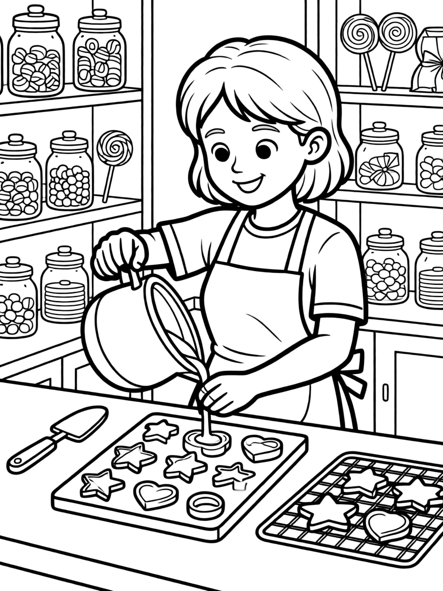 A candy maker pours warm caramel into molds at a candy shop.