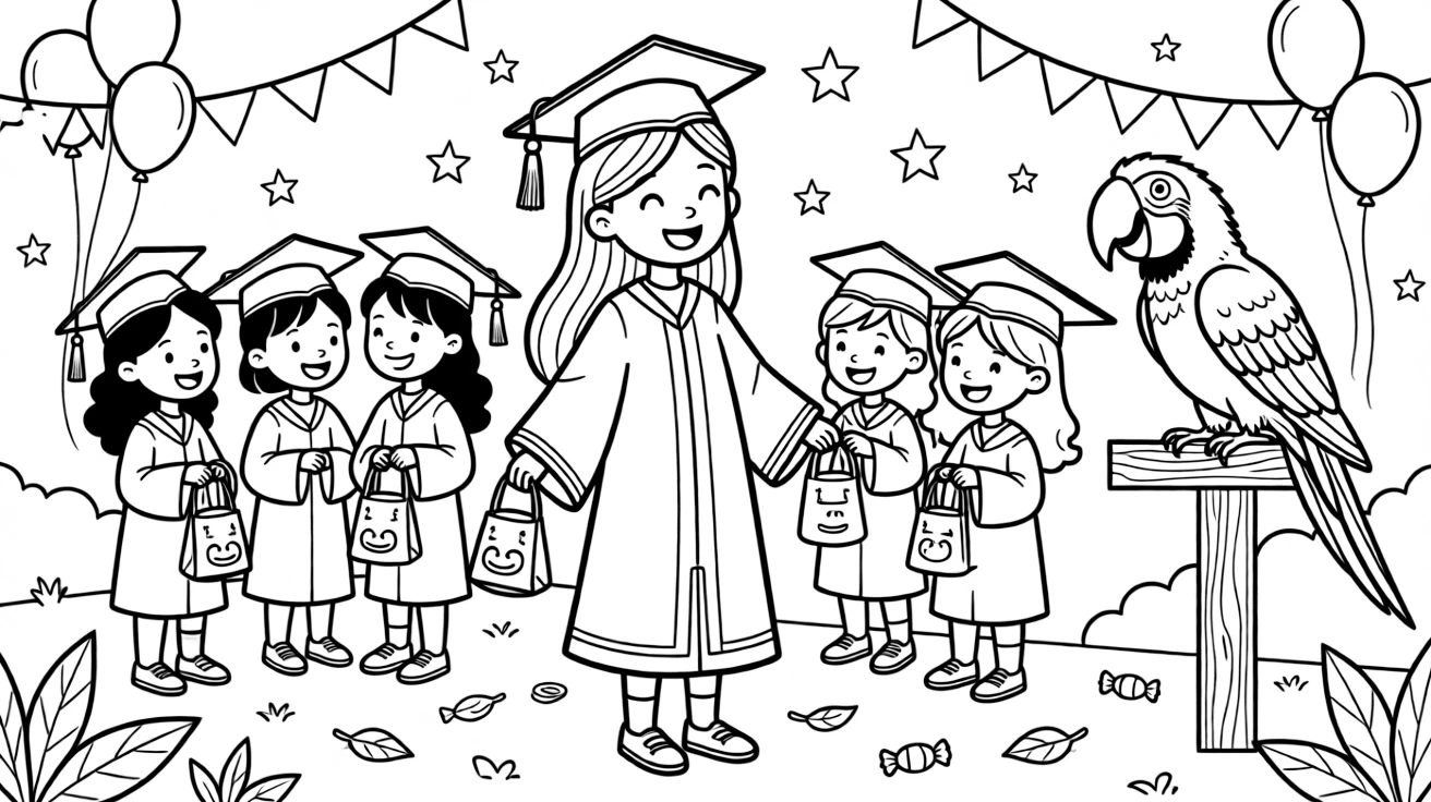 A tall girl dressing up for trick-or-treating during a graduation celebration with classmates while a parrot squawks from a perch.
