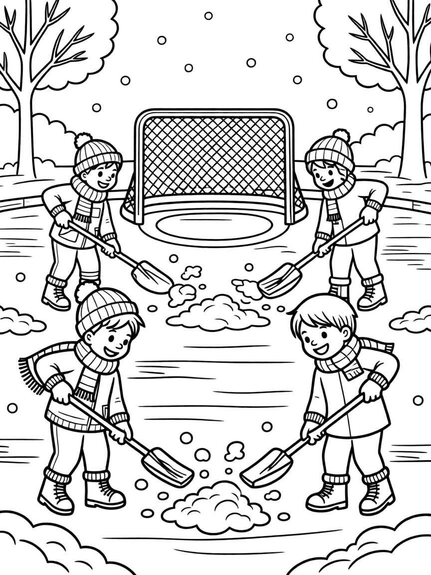 A team of neighborhood kids, clearing fresh snow off the ice with a shovel before the game begins.