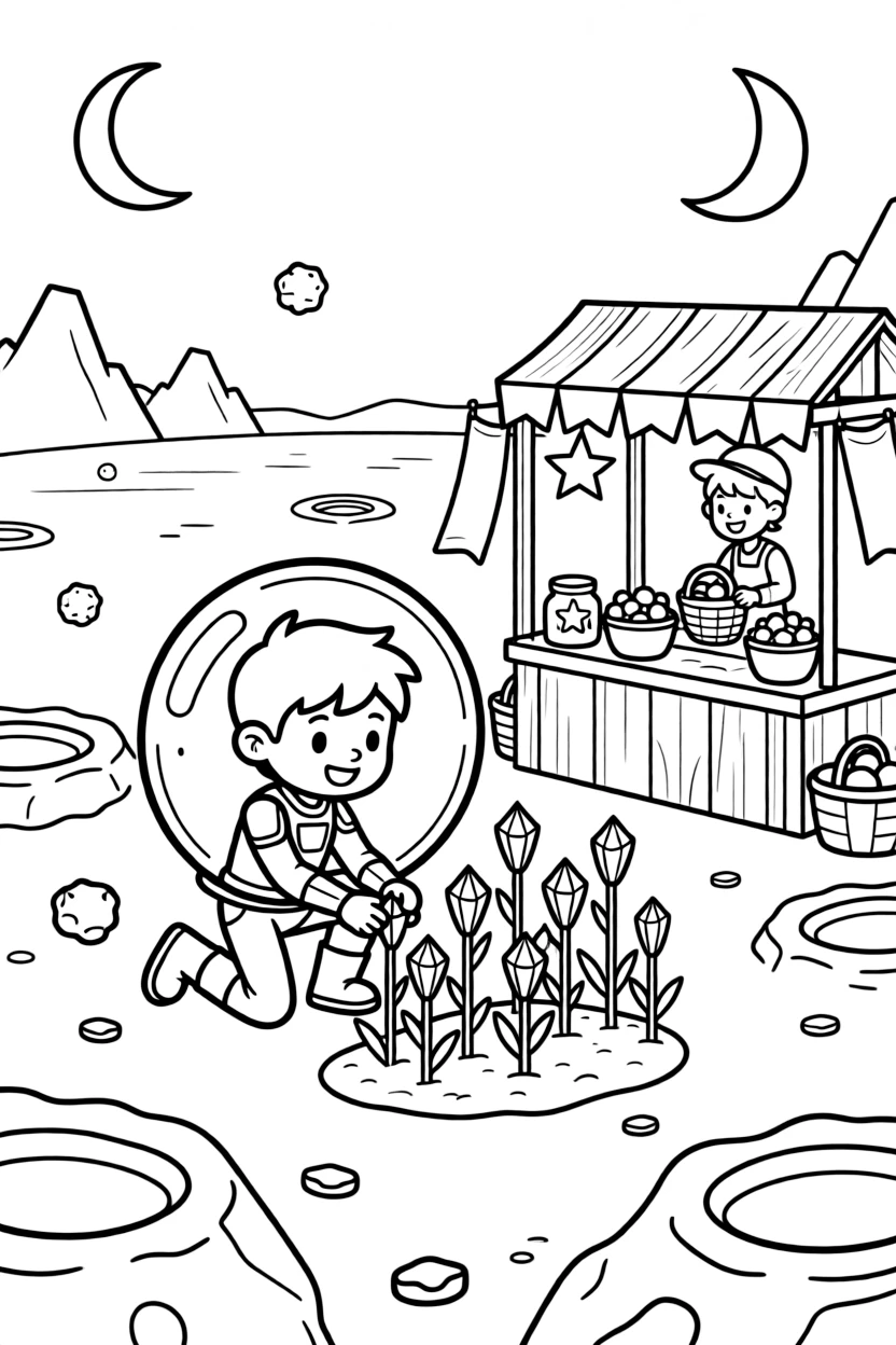 Agent Turbo, a cheerful bubble-shielded superhero kid planting a garden of glowing crystal flowers on a barren moon, in an asteroid belt mining outpost with floating rock platforms, with a busy market stall selling glowing fruit and a pair of moons rising over the horizon nearby.