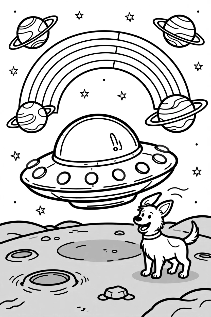 A coloring page featuring a friendly saucer-shaped alien spaceship with glowing lights, traveling through the dusty gray surface of the moon under a starry sky, with a friendly dog with its ears flapping in the wind and a rainbow arching across the sky and planets with colorful rings floating nearby filling the scene.