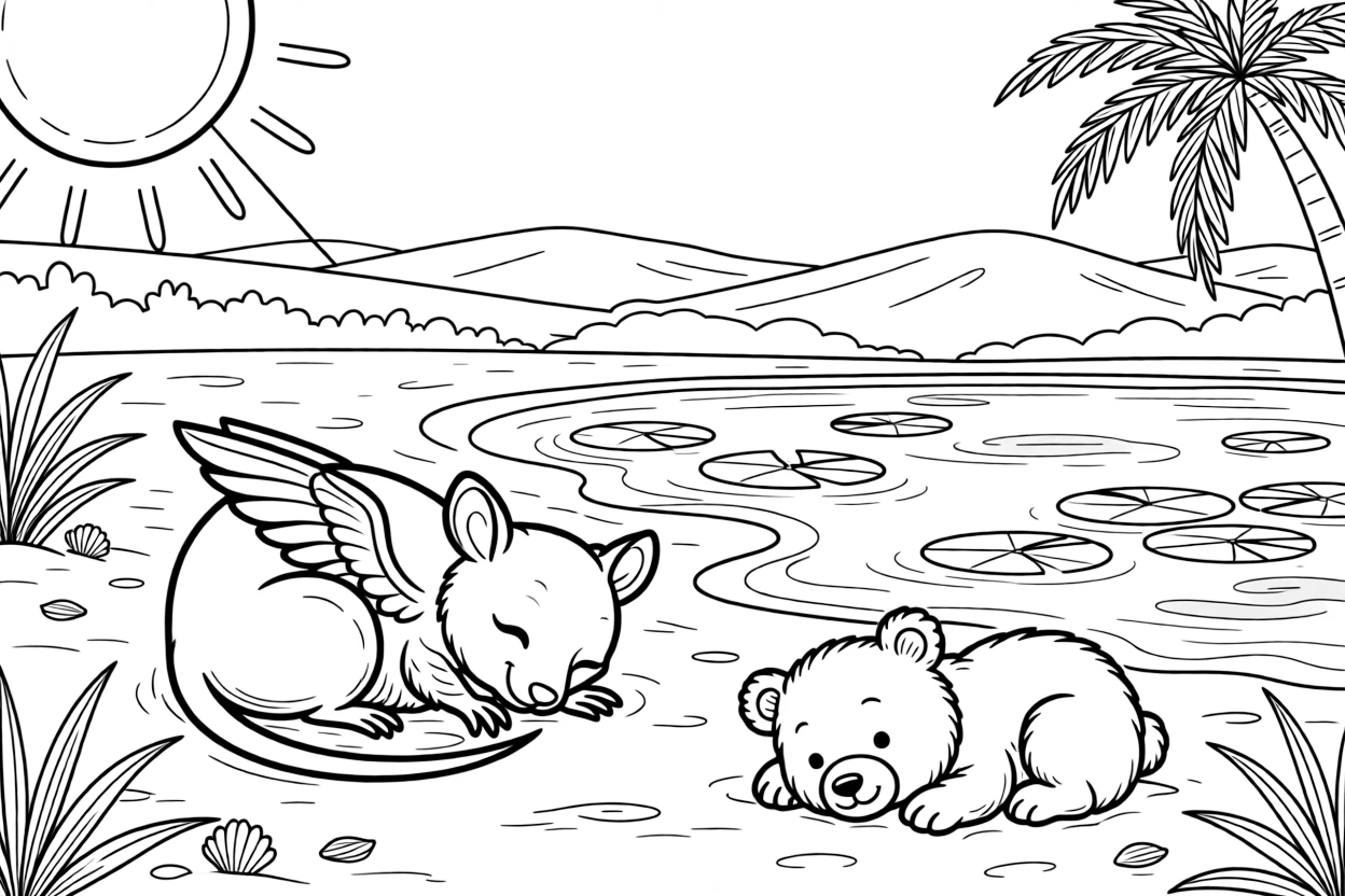 A sugar glider on a tropical beach at sunset, napping in a sunbeam next to a bear cub, next to a lily pad pond, while morning fog rolls over the hills.