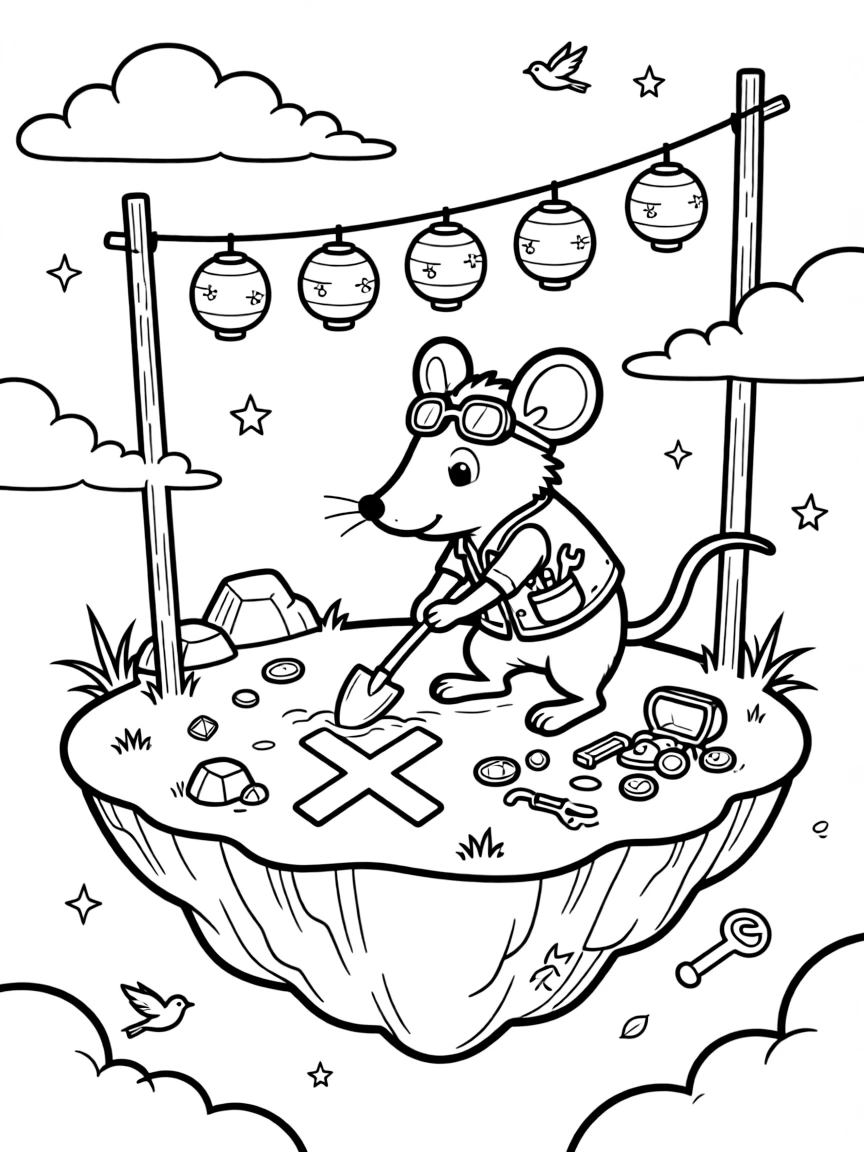 Speedy and full of excitement, a rat inventor spends the day digging for buried treasure marked with an X on a floating island drifting through the sky. Nearby, a string of lanterns swaying gently overhead adds to the fun. The whole scene bursts with joy and adventure.